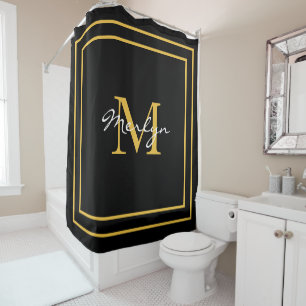 Rideaux De Douche Monogrammes Initiales Gold Black Nom personnalisé 