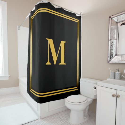 Rideaux De Douche Monogrammes Initiales Gold Noir Stylish Nom person (En situation)