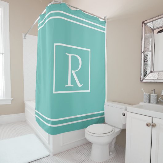 Rideaux De Douche Monogrammes Turquoises Blancs Nom personnalisé Ini (En situation)