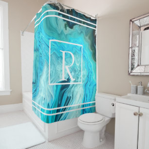 Rideaux De Douche Monogrammes Turquoises Grandes Blancs Agate Motifs