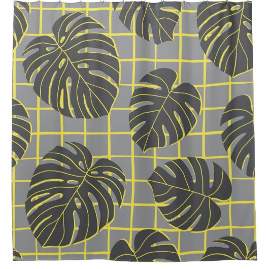 Rideaux De Douche Monstera Feuilles : Jaune-Gris moderne Abstrait (Devant)