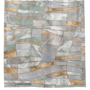 Rideaux De Douche Mosaic Waves Art - Pearl et Pastel Gold