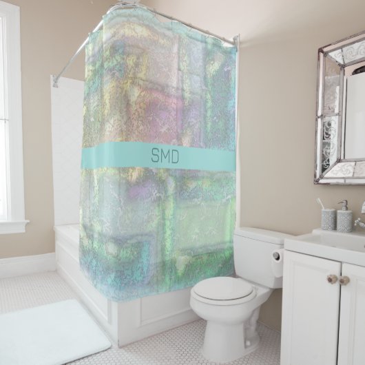 Rideaux De Douche Motif Abstrait vert bleu rose texturé (En situation)