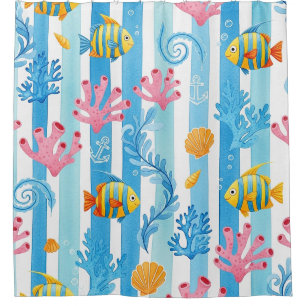 Rideaux De Douche Motif aquarelle nautique rétro (11)