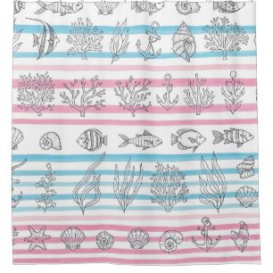 Rideaux De Douche Motif aquarelle nautique rétro (12)