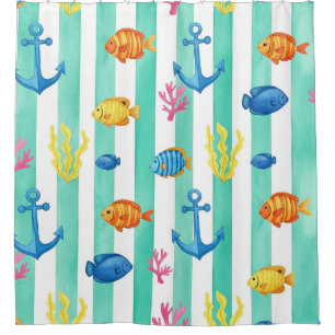 Rideaux De Douche Motif aquarelle nautique rétro (9)