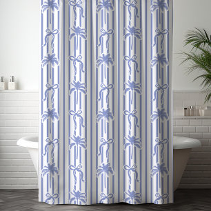 Rideaux De Douche Motif Arbres Palmiers Côtiers Blancs Bleus Rubans