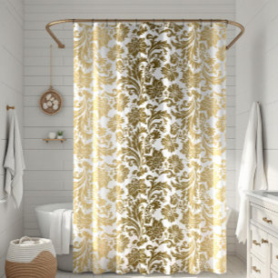 Rideaux De Douche Motif blanc & jaune or Floral Damas