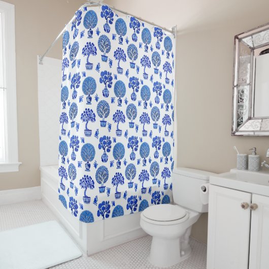 Rideaux De Douche Motif Bonsai Trees en Bleu et Blanc Cobalt (En situation)