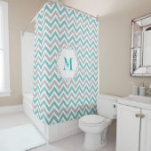 Rideaux De Douche Motif Chevron turquoise et gris avec monogramme pe (En situation)