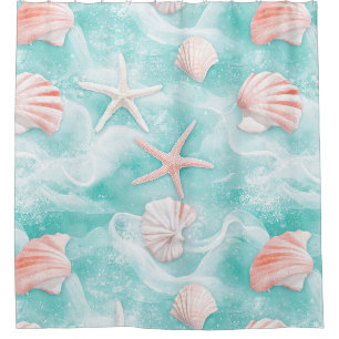 Rideaux De Douche Motif Coquillages et Vagues Océaniques (1)