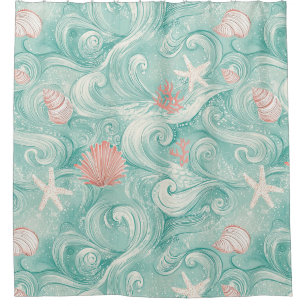 Rideaux De Douche Motif Coquillages et Vagues Océaniques (3)