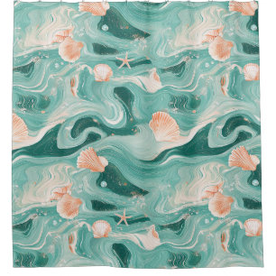 Rideaux De Douche Motif Coquillages et Vagues Océaniques (6)