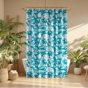 Rideaux De Douche Motif damassé floral turquoise et blanc