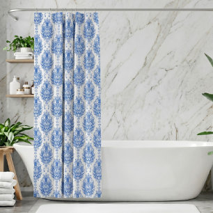 Rideaux De Douche Motif damassé méditerranéen bleu blanc élégant