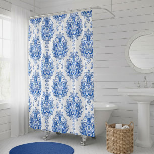 Rideaux De Douche Motif damassé méditerranéen bleu blanc élégant