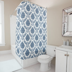 Rideaux De Douche Motif Damassé Rococo Bleu sur Fond Blanc
