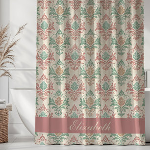 Rideaux De Douche Motif Damassé Vintage Monogramme Nom Rose Menthe