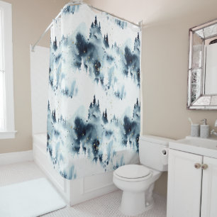 Rideaux De Douche Motif d'aquarelle de la forêt bleue de minuit