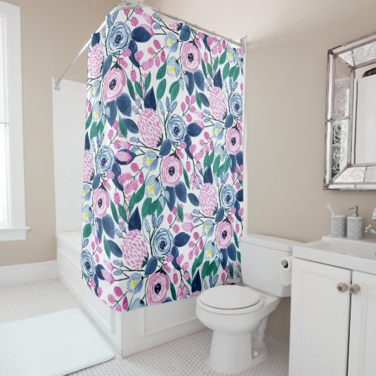 Rideaux De Douche Motif d'aquarelle Sweet Rose Navy Flowers (En situation)
