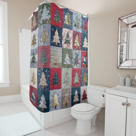 Rideaux De Douche Motif d'arbre de Noël en patchwork festif (4) (En situation)