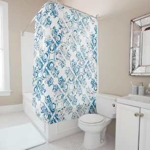 Rideaux De Douche Motif d'art populaire habillé en bleu et blanc