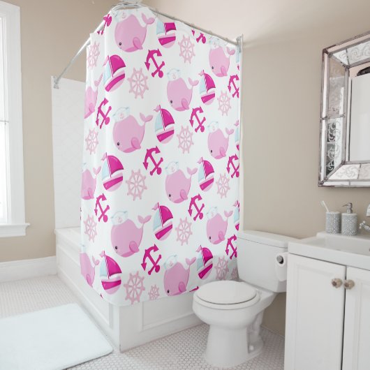 Rideaux De Douche Motif De Baleines, Beaux Baleines, Baleines Roses (En situation)