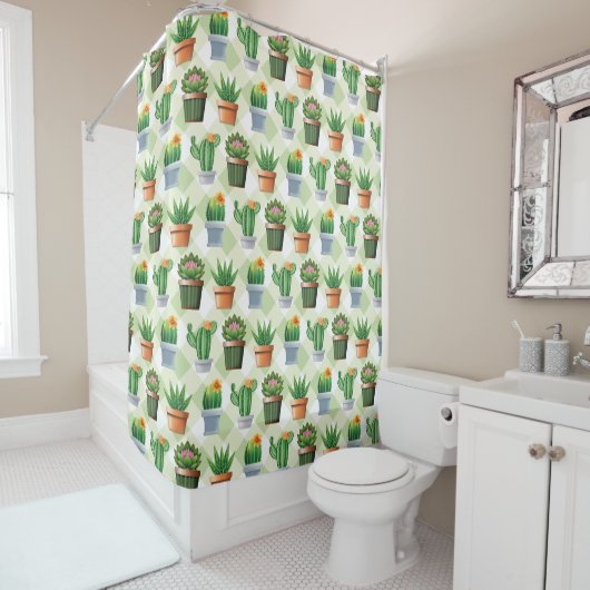 Rideaux De Douche Motif de cactus en gingham vert (En situation)