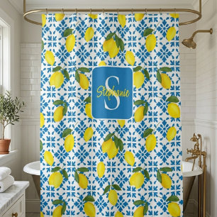 Rideaux De Douche Motif de carreaux français bleu Nom Monogrammé