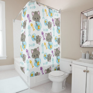 Rideaux De Douche Motif De Chats, Chats Mignons, Chatons, Poisson