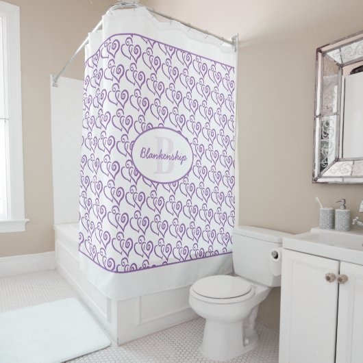 Rideaux De Douche Motif de coeur violet lié sur blanc (En situation)