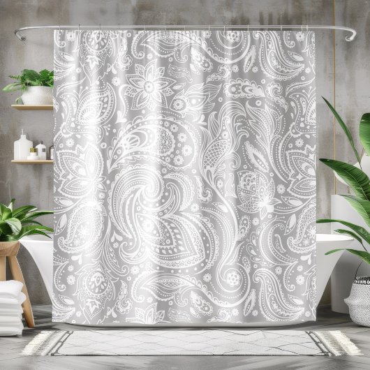 Rideaux De Douche Motif de dentelle blanc et gris