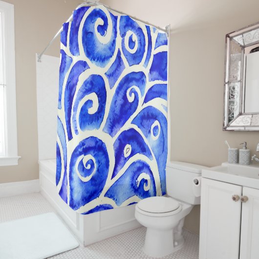 Rideaux De Douche Motif de design Abstrait bleu et blanc (En situation)