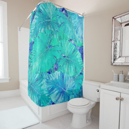 Rideaux De Douche Motif de feuille bleue tropicale (En situation)