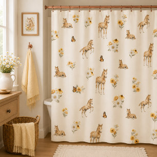 Rideaux De Douche Motif de fille bohème fleur sauvage cheval papillo