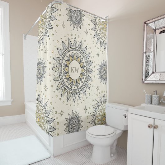 Rideaux De Douche Motif de mandala gris or monogramme (En situation)