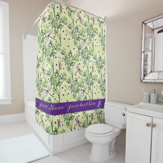 Rideaux De Douche Motif de myrtille avec libellules (En situation)