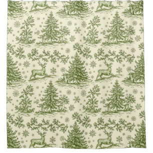 Rideaux De Douche Motif de Noël Cerfs en Bois Toile Verte (4)