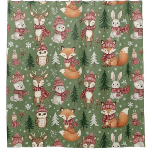 Rideaux De Douche Motif de Noël Renard Cerf Lapin Hibou Evergreen