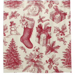 Rideaux De Douche Motif de Noël Toile Rouge Vintage avec Chaussettes