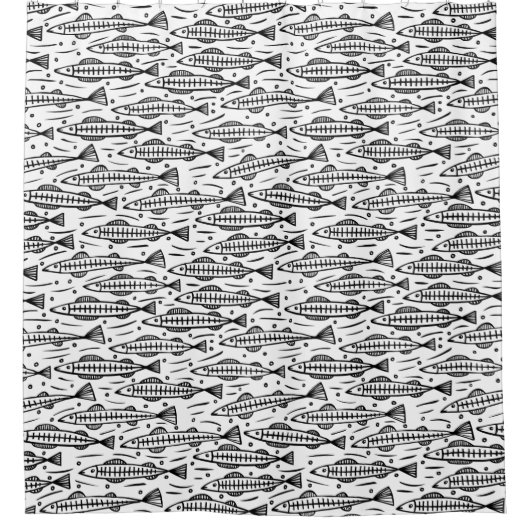 Rideaux De Douche Motif de poisson noir sur blanc (Devant)