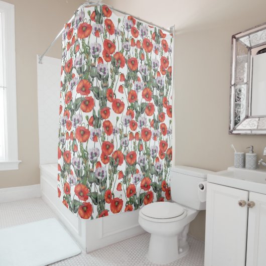 Rideaux De Douche Motif de Poppies rouges et violettes (En situation)