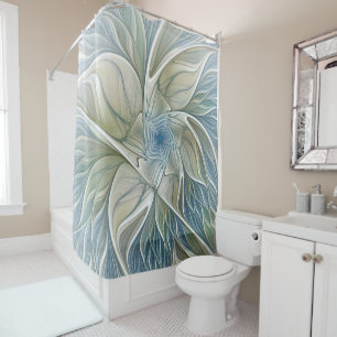 Rideaux De Douche Motif de rêve floral Abstrait Kaki Bleu Fractale