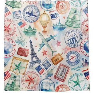 Rideaux De Douche Motif de tampon de voyage du monde vintage (3)