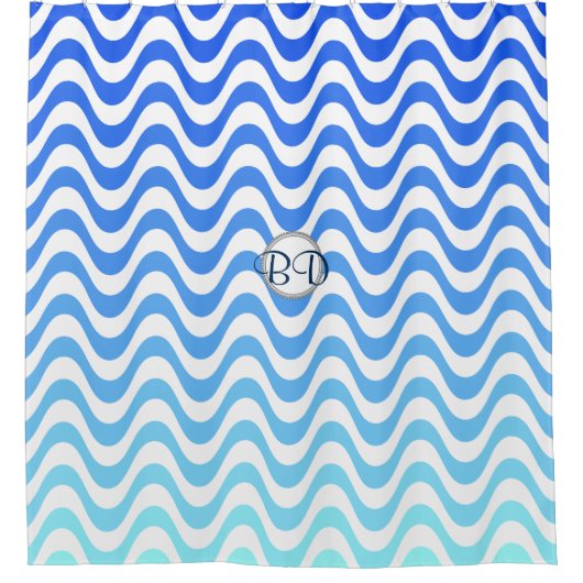 Rideaux De Douche Motif de vague bleu monogramme (Devant)