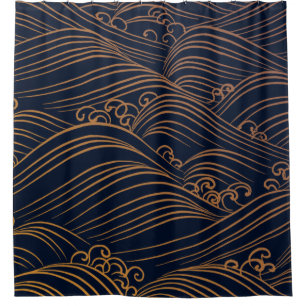 Rideaux De Douche Motif de vagues japonais bleu-foncé et or
