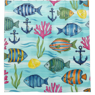 Rideaux De Douche Motif de vie marine côtière coloré (3)