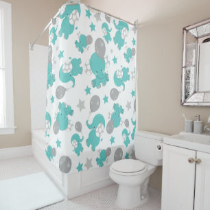 Rideaux De Douche Motif Des Eléphants Bleus, Eléphants Mignons, Étoi