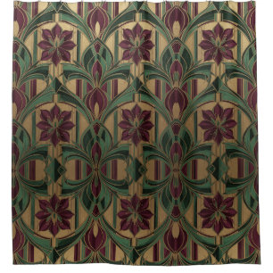 Rideaux De Douche motif d'éventail Art Déco bordeaux et vert
