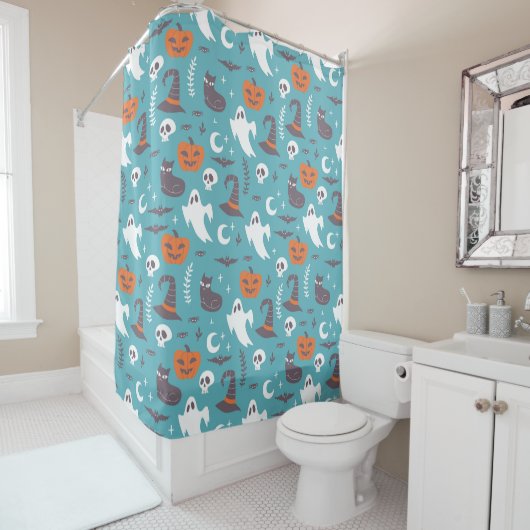 Rideaux De Douche Motif d'Halloween Turquoise amusant (En situation)